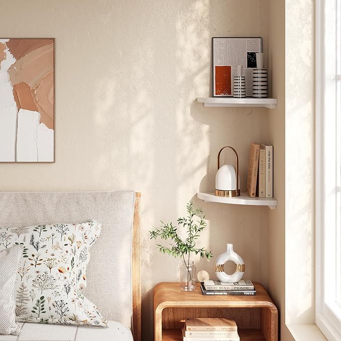 Floating Corner Shelves White 10", Solid Oak Wall Mounted Wooden Display Storage Rack with Wire Hole for Plants, Photos, Speakers, Bedroom, Kitchen, Living Room Décor - 1-Pack-NeatNest