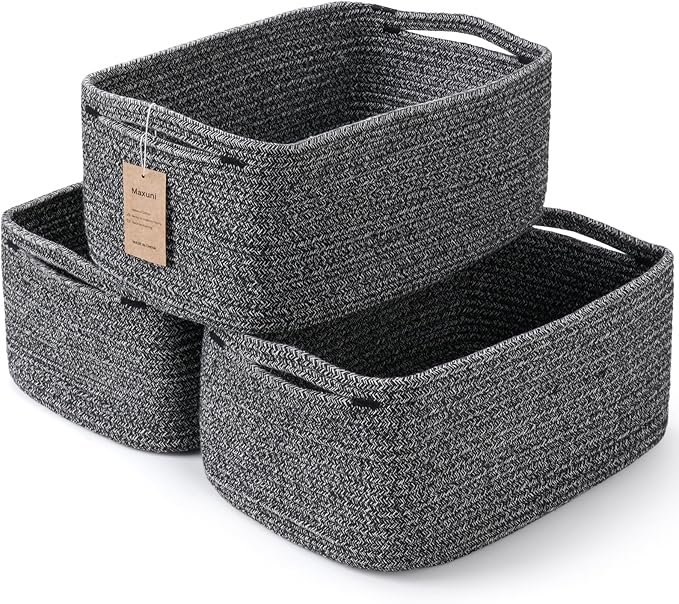3-Pack Shelf Baskets for Organizing, Closet Organizer Bins, Small Woven Baskets, Rope Toy Basket, Storage Basket for Shelves, Cube Decorative Box, 11.5×7.5×4.7”, Mixed Black-NeatNest