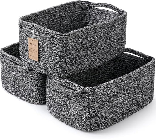 3-Pack Shelf Baskets for Organizing, Closet Organizer Bins, Small Woven Baskets, Rope Toy Basket, Storage Basket for Shelves, Cube Decorative Box, 11.5×7.5×4.7”, Mixed Black-NeatNest