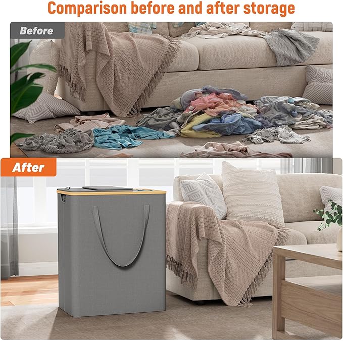 170L Laundry Hamper with Lid 3 Section, Extra Large Laundry Basket with 3 Removable Bags, Laundry Basket Organizer for Bedroom, Laundry Room, Dorm, Clothes Hamper, Grey-NeatNest