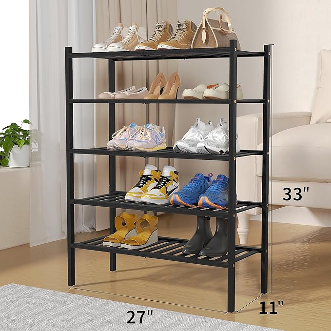 5 Tier Bamboo Shoe Rack for Closet Free Standing Wood Shoe Shelf for Entryway Small Space Stackable 27"x11"x33" (Black)-NeatNest