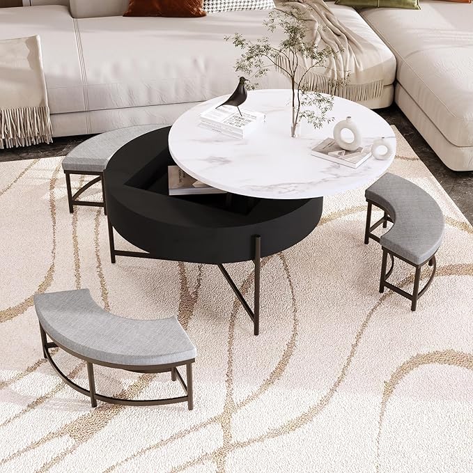 Modern Round Lift-Top Coffee Table with Storage & 3 Ottoman for Living Room White & Black