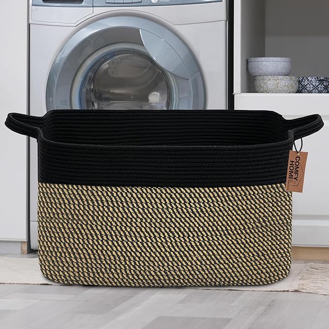 COMFY-HOMI Large Rectangular Blanket, Cotton Rope Woven for Storage, LaundryHamper, Storage,Toy Organizing Bin with Handle, Organizer and Storage-22x15x12-Black/Jute-NeatNest