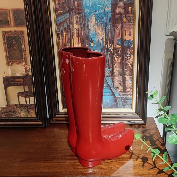 Ceramic Boot Umbrella Stand Boots Vase Freestanding Umbrella Bucket Ceramic Umbrella Rack Home Decor Piece for Home Decor, Office, Apartment, Hotel, Bars, Red-NeatNest