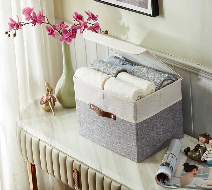 DECOMOMO Fabric Storage Bins with Lid, Storage Baskets for Shelves Toy Box (Grey and White, 3 Pack)-NeatNest