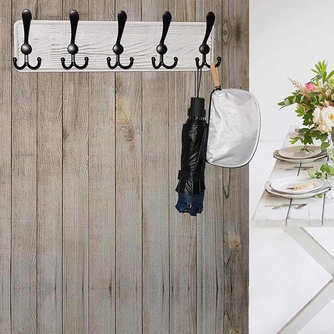 Dseap Coat Rack Wall Mounted - 5 Tri Hooks, Heavy Duty, Wooden Wall Coat Hanger Coat Hook for Clothes Hat Jacket Clothing, White & Black, Pack of 2