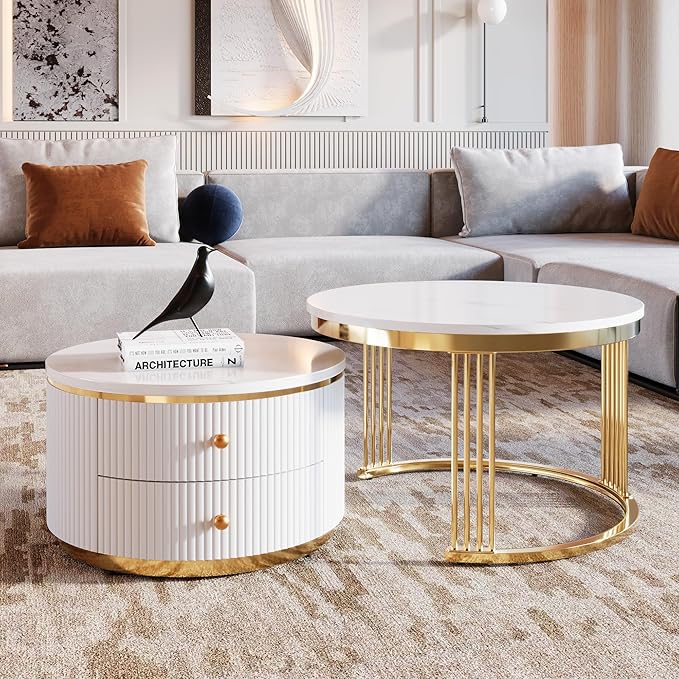 Modern 2 Pieces White Round Nesting Coffee Table with Drawers in 27.6''