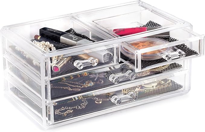 Masirs Clear Makeup Organizer – 16-Compartment Cosmetic and Jewelry Holder, 4-Drawer Vanity Storage, Elegant Clear Design for Makeup and Accessories-NeatNest