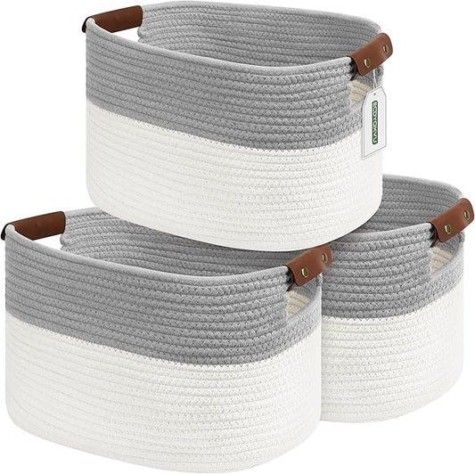 Cotton Rope Storage Baskets,15x10x9 in,Collapsible Storage Bins, Decorative Woven Basket Cube Storage Organizer for Laundry, Towel, Clothes (White/Grey-3Pack, 15x10x9 inches)-NeatNest