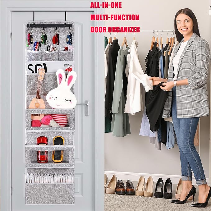 VICTORICH All-IN-ONE Over the Door Organizer, Super Behind the Door Storage Organizer with Door Rack and Large Clear Windows, Wall File Organizer, Hanging Organizer (New Grey)
