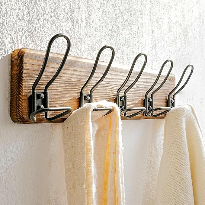 Dseap Coat Rack Wall Mounted - Heavy Duty Farmhouse Rustic Wall Coat Hanger with 5 Wire Hooks for Clothes Hat Jacket Towel, RusticWire, G25A, Rustic Brown & Black-NeatNest