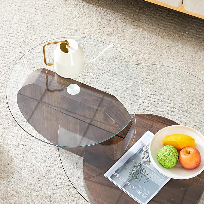 Glass Coffee Tables for Living Room Round Coffee Tables Modern 3 Tier Round Table Circle Coffee Table for Small Space Home Office (35.4 Inch Dark Brown)
