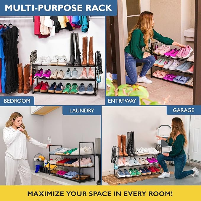 Sundaze Shoe Rack - 3 Tier Metal Shoe Rack for Front Door Entrance, Sturdy Long Shoe Organizer for Closet, Bedroom, Entryway, Garage, Black Metal Shoe Shelf, Holds Up to 15 Pairs-NeatNest