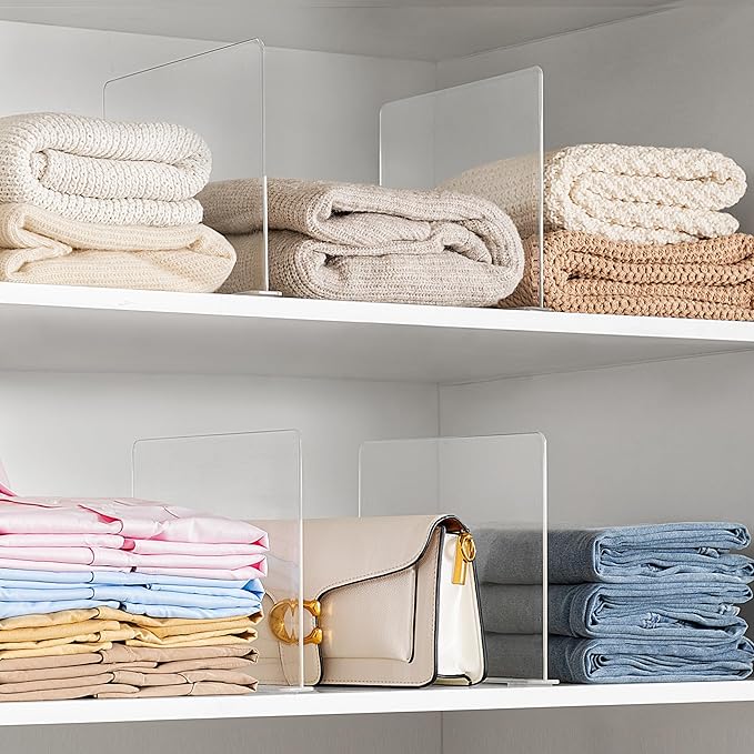 HBlife 4 PCS Adhesive Shelf Dividers for Closet Organization, Fit Wood Shelf Separators for Bedroom and Kitchen for Sweater, Shirts, Handbags-NeatNest