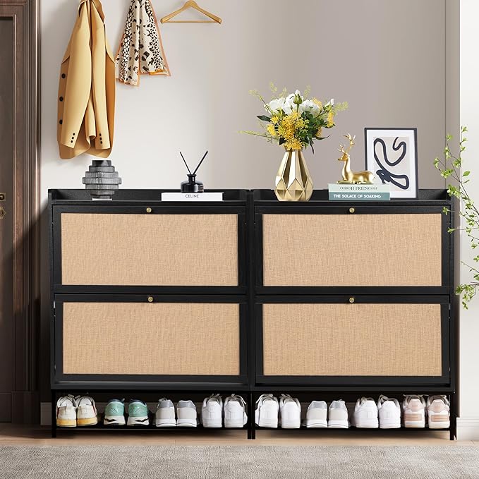 LEVNARY Shoe Storage Cabinet with 2 Flip Drawers, Wooden Narrow Shoe Cabinet Storage for Entryway, Freestanding Shoe Rack Organizer Cabinet with Metal Legs for Hallway (1, Black)-NeatNest