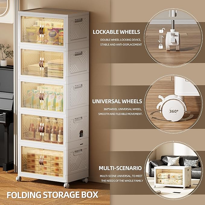 424 QT / 106 Gal Magnetic Door Storage Bins Collapsible Stackable w/1 Lid, Heavy Duty Plastic Cabinet with Wheels for Home Office Organization (White)-NeatNest