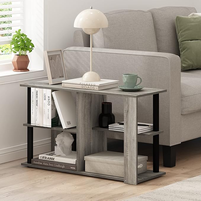 Furinno Romain Narrow End Table with Shelves, French Oak/Black-NeatNest