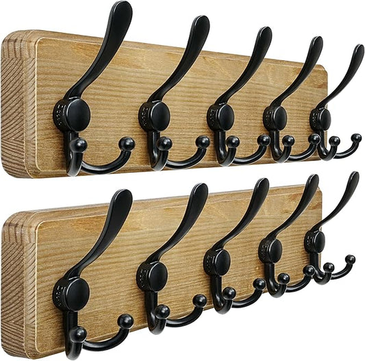 Dseap Coat Rack Wall Mount - Heavy-Duty Robust Barnwood-Style Wooden Wall Coat Hanger Hook Rail with 5 Triple Hooks for Winter Coats Hat Jacket Clothing, Weathered Brown & Black, Pack of 2
