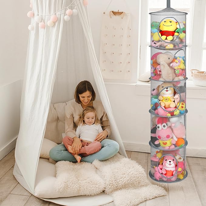 2Pcs Hanging Mesh Space Saver Bags Organizer, Foldable Storage Organizer 5 Compartments Toy Storage Organizer for Kid Room Toys, Gloves,Hats,Socks Storage #Grey-NeatNest