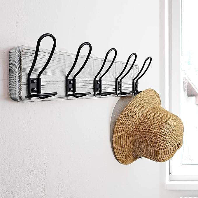 Dseap Coat Rack Wall Mounted - Heavy Duty Farmhouse Rustic Wall Coat Hanger With 5 Wire Hooks for Clothes Hat Jacket Towel, RusticWire, G25A, Whitewash & Black-NeatNest