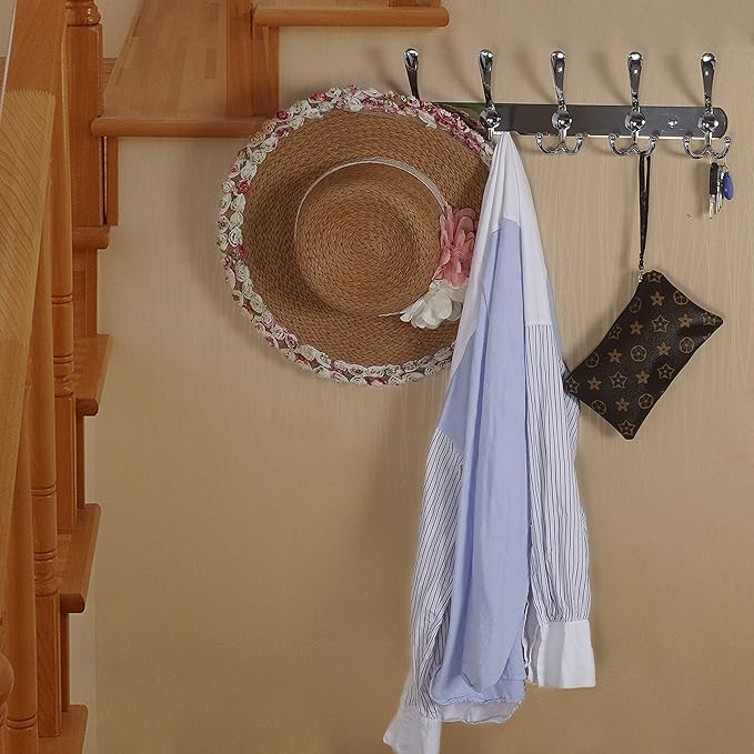 Dseap Coat Rack Wall Mounted - 5 Tri Hooks, Heavy Duty, Stainless Steel, Metal Coat Hook Rail for Coat Hat Towel Purse Robes Mudroom Bathroom Entryway,Chromed-NeatNest