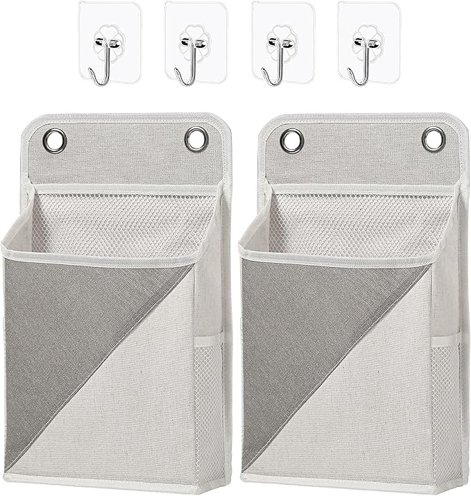2pcs Wall Hanging Storage Organizer Bag, Hanging baskets with pockets for Wall organizing, Storage Hanging Bag for Bedroom, Dormitory, Study Room, Bathroom (Grey/White)-NeatNest