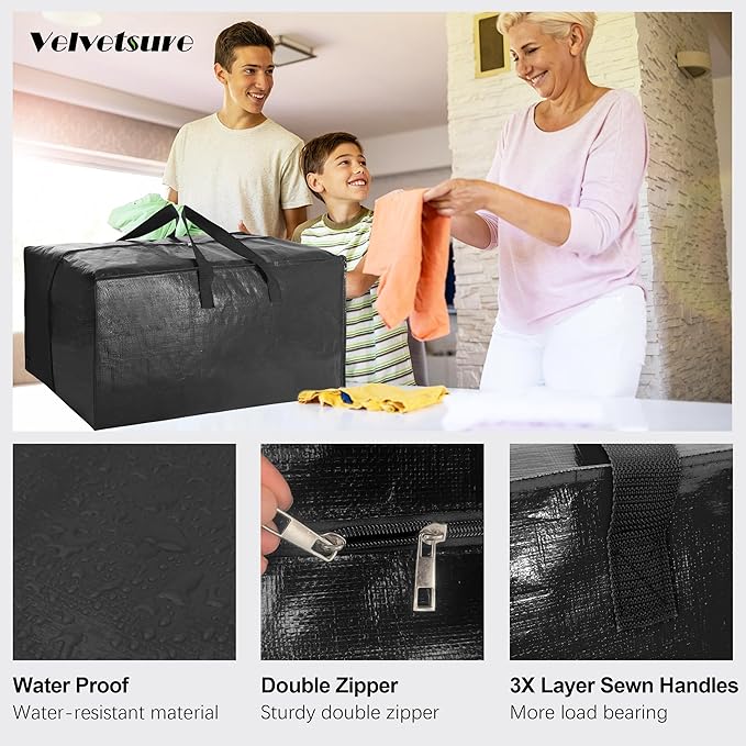 6 Pack Heavy Duty Extra Large Moving Bags W/Backpack Straps - Strong Handles & Zippers, Storage Totes For Space Saving, Fold Flat, Alternative to Box and Bin (40 gal, Black)