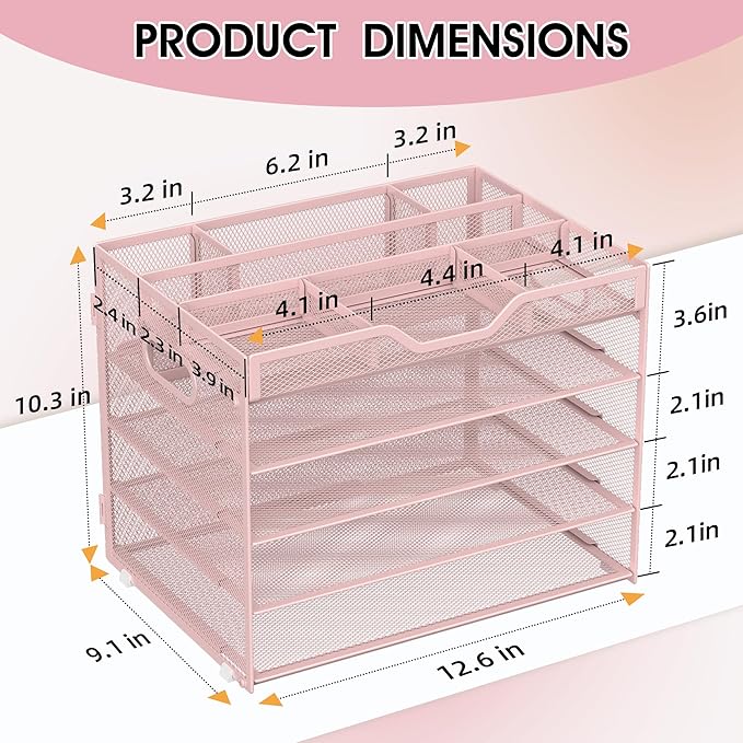 5 Tier Paper Letter Tray with 3 Drop-in Pen Holders, Mesh Desk File Organizer with Handle, Desk Organizers and Accessories for School,Home, Office Supplies Storage-Pink-NeatNest