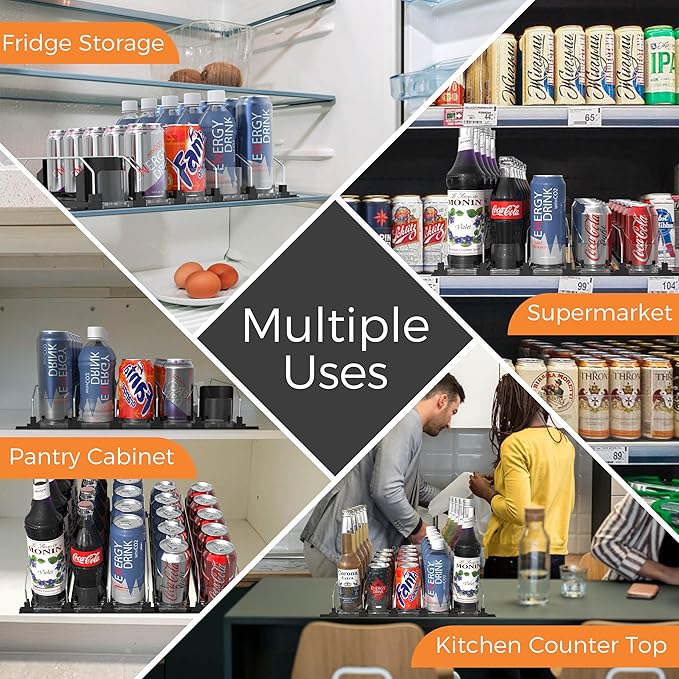 5 Rows Drink Organizer for Fridge, 15'' Soda Can Dispenser for Refrigerator with Pusher Glide, Width Adjustable Fridge Can Organization Hold Up to 25 Cans (Black)