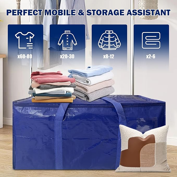12 Pack Extra Heavy Duty Large Moving Bags with Strong Zipper & Carrying Handles, Sturdy Clothes Storage Bags Totes Bins, Packing Bag Move Boxes College Moving Supplies, Dark Blue - 24 gal-NeatNest
