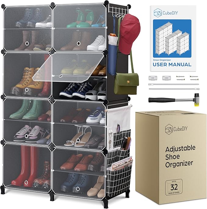 Shoe Organizer Cabinet Up to 32 Pairs, Shoe Closet-Covered Shoe Rack with See-Through Door (Clear, Plastic, Stackable) Cubby Portable Shoe Organizer with Covers, Hooks & Pockets, Black-NeatNest