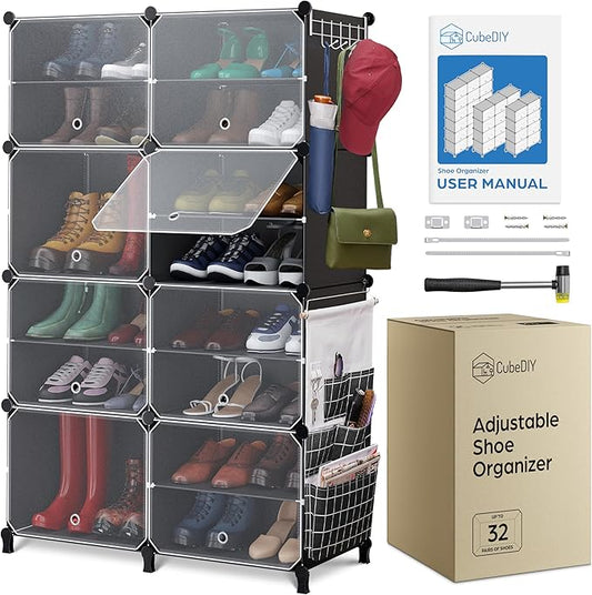 Shoe Organizer Cabinet Up to 32 Pairs, Shoe Closet-Covered Shoe Rack with See-Through Door (Clear, Plastic, Stackable) Cubby Portable Shoe Organizer with Covers, Hooks & Pockets, Black-NeatNest
