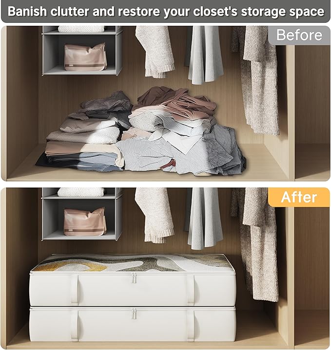 2-Pack Under Bed Storage, 6 Inches Tall Closet Organizers and Storage Bins with Sturdy Sidewalls/Bottom/4 Handles, Beige-NeatNest