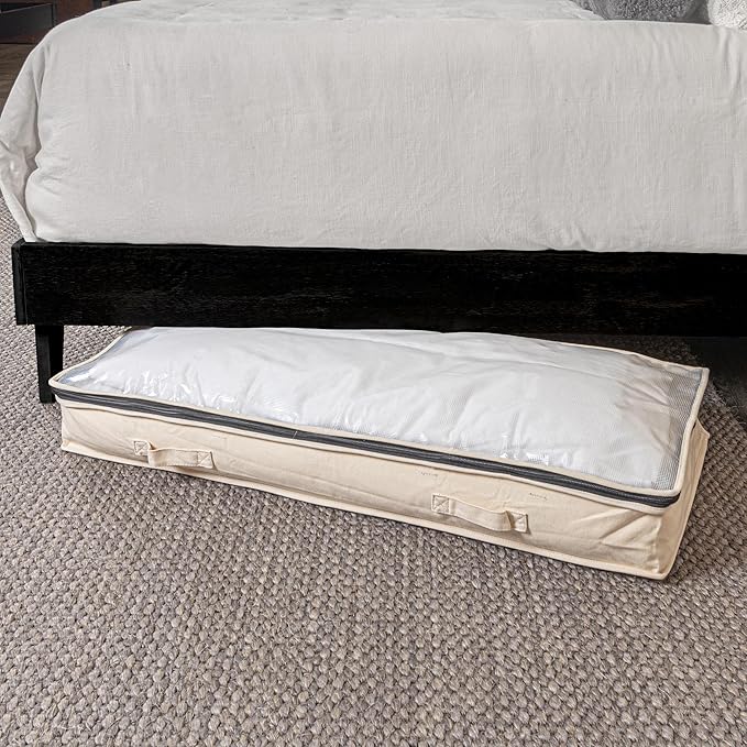 Household Essentials Cedarline Under Bed Storage Bag, Heavy-Duty Cotton Canvas, Textured PEVA Top with Durable 3-Sided Zipper, Front Handles, Foldable, Space-Saving, Natural-NeatNest