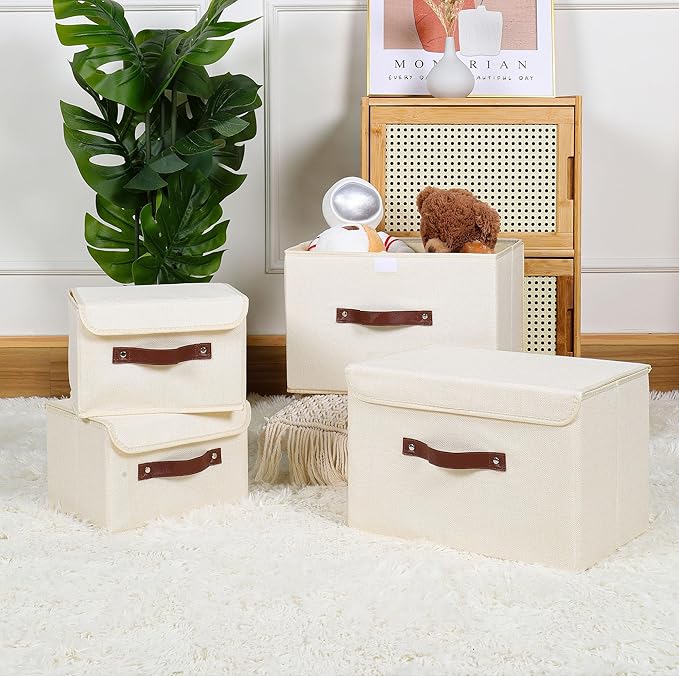 ANMINY 2PCS Storage Bins with Lid PU Leather Handles Storage Boxes PP Plastic Board Decorative Foldable Lidded Cotton Linen Fabric Home Cubes Baskets Closet Organizer Containers - Beige, Small Size-NeatNest