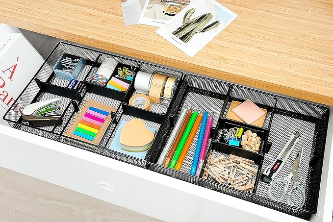 CAXXA Mesh 3 Slot Desk Drawer Organizer with Four Adjustable Dividers - Black-NeatNest