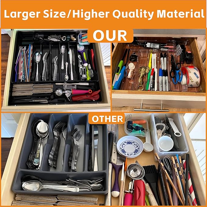 Expandable Silverware Organizers for Kitchen Drawers,Large BPA Free Cutlery Organizer in Drawer,Plastic Utensil Drawer Organizer Suitable as Flatware,Knife,Fork,Spoon,Silverware Holder and Tray,Black