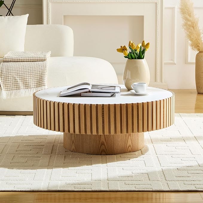 Coffee Table Stone Round 35.43'' for Living Room Modern Coffee Tables Wood Circle Drum Tea Fluted Solid Wooden Veneer Sintered Tabletop Handcraft Home Furniture for Apartment Easy Assembly Oak-NeatNest