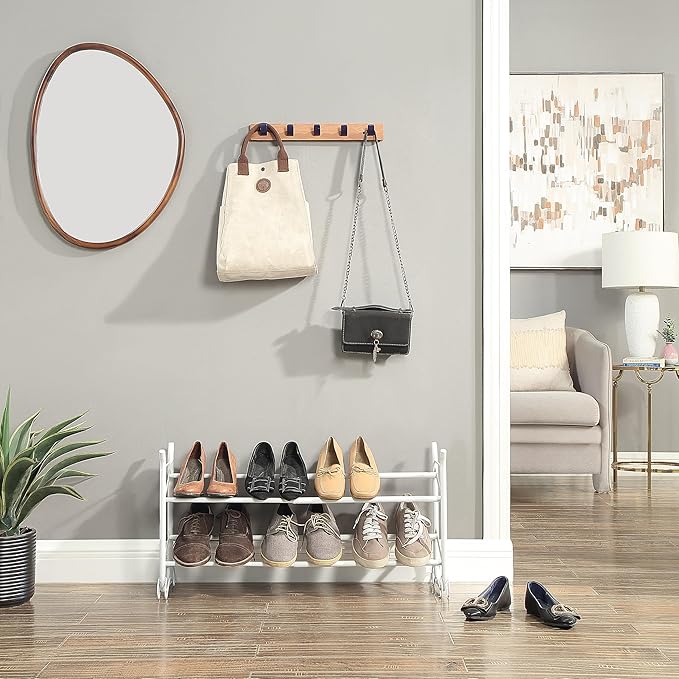 SunnyPoint Expandable & Stackable 2-Tier Shoe Rack – Adjustable Shoe Organizer for Entryway, Closet or Bedroom, Holds 4 to 8 Pairs, Space-Saving Metal Shoe Storage Shelf (17.5"–31.49" W) (WHT, 2 Tier)-NeatNest