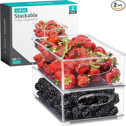 Sorbus Stackable Refrigerator Organizer Bins - Clear Storage Bins for Kitchen Pantry, Freezer & Fridge Organization - Food Organizing Plastic Containers with Handles for Countertops & Drawers (2 Pack)-NeatNest