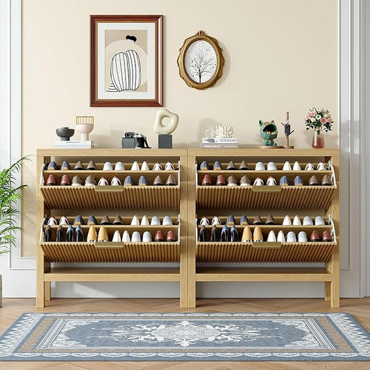 Modern Slatted Wood Shoe Organizer with Dual Flip Drawers, Slim Shoe Storage Cabinet, Wood Freestanding Organizer Shoe Rack for Entryway, Small Spaces, or Hallway, Nature X2
