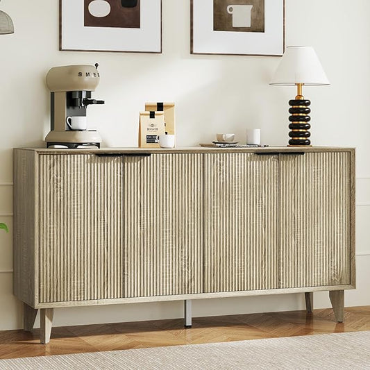 Fluted Cabinet with Storage, Buffet Sideborad with 4 Doors, Kitchen Buffet Storage Accent Cabinet with Adjustable Shelves for Living Room, Entry, Hallway, Natural