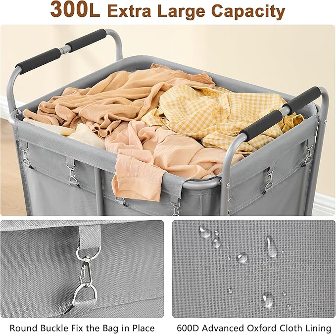 Hoctieon Large Laundry Cart with Wheels, 300L Heavy Duty Laundry Basket Organizer, Rolling Hamper Sorter for Clothes Storage, Industrial Dirty Clothes Hamper for Home & Hotel, Gray-NeatNest