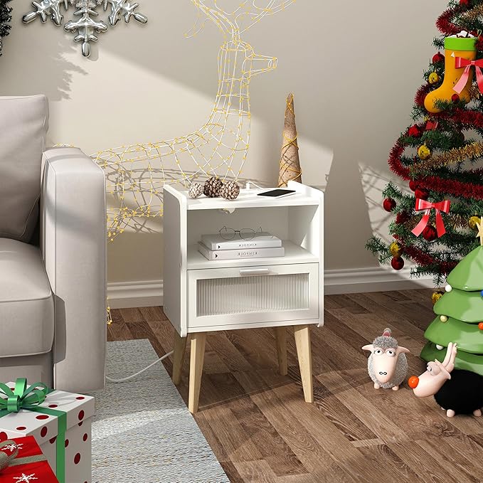 Nightstand with Charging Station, Bedside Tables with Glass Decorative Door, End Table Side Table with 2 Tiers Storage Space, for Bedroom, Living Room, White CAMLBZ07WE