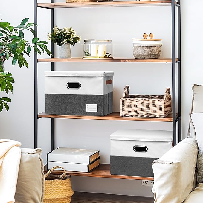 Foldable Fabric Storage Boxes with Lids, Collapsible Versatile Bins Baskets Cubes with Handles for Easy Organization in Closet, Living Room, and Bedroom (Grey & White, 3PCS/15 * 9.8 * 9.8in)-NeatNest