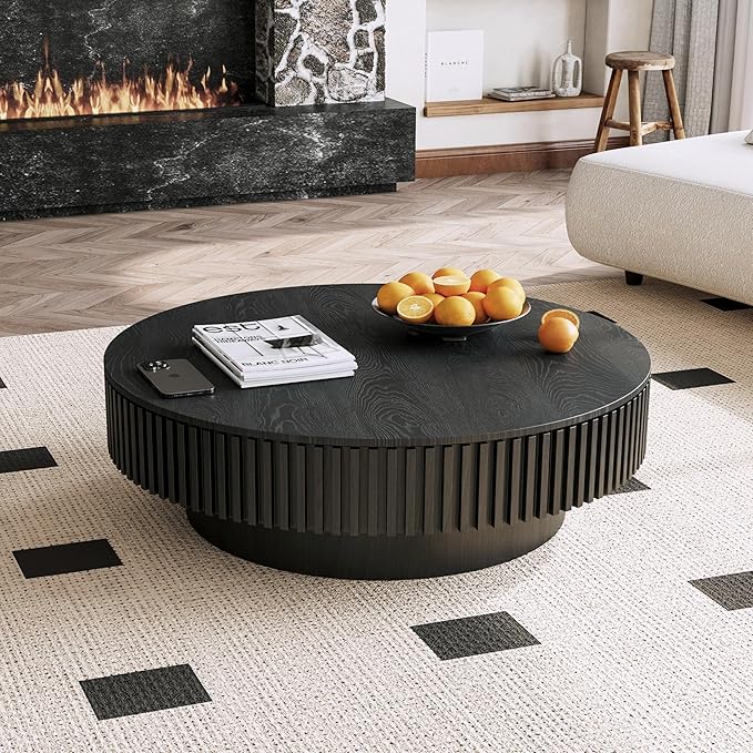 kevinplus 39.37'' Black Round Coffee Table Modern Wood Circle Fluted Drum Pedestal Coffee Table with Storage Space for Living Room, Easy Assembly, Black