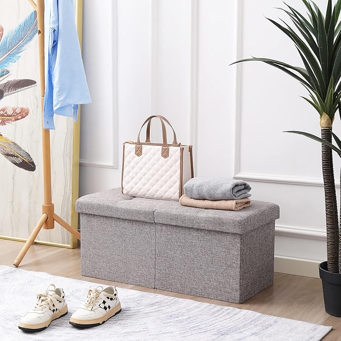 Cuyoca Foldable Seat Footrest Shoe Bench End of Bed Storage with Flipping Lid, 75L Storage Space, 30 inches Linen Fabric Grey-NeatNest