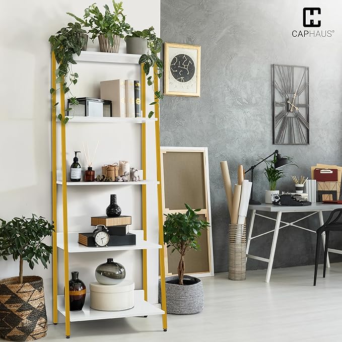 CAPHAUS 5 Tier Ladder Bookshelf, 24 Inch Width Free Standing Shelf, Bookcase Shelf Storage Rack Organizer, Industrial Book Shelves for Home Office, Living Room, Kitchen, White Shelves & Gold Frame-NeatNest