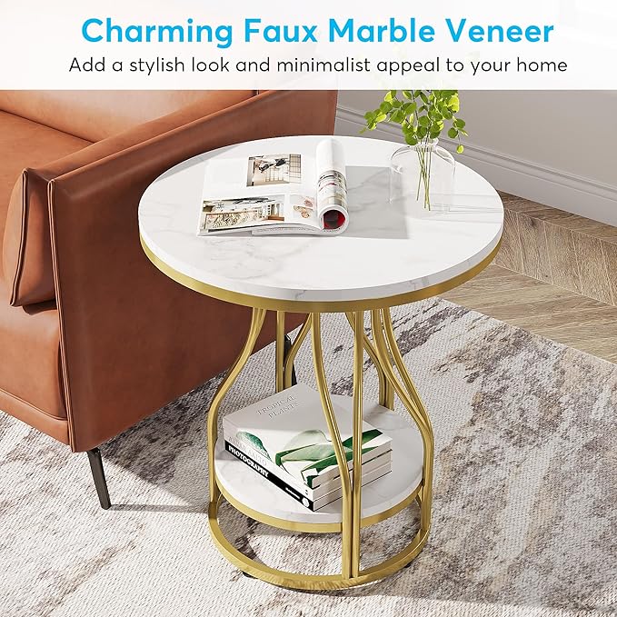 Tribesigns Round Side End Table 2-Tier End Tables Modern Bedside Table Small Chirside Tables with Storage for Couch Side, Nightstand with Metal Frame for Living Room (2, White+Gold)