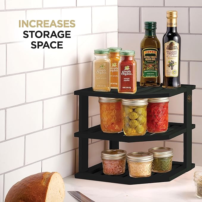 Cabinet Organizer Shelf - Bamboo Corner Rack for Kitchen Counter, Cabinet Space Saver for Plates, Dishes, Bowls, Bread Pantry, Bathroom Storage or Countertop Stand, Black-NeatNest